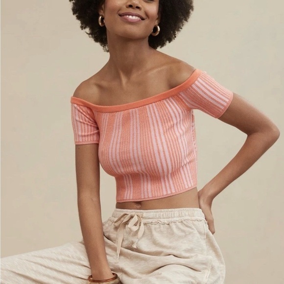 aerie Tops - Aerie NWT Peach Striped Off-Shoulder Crop Top XL